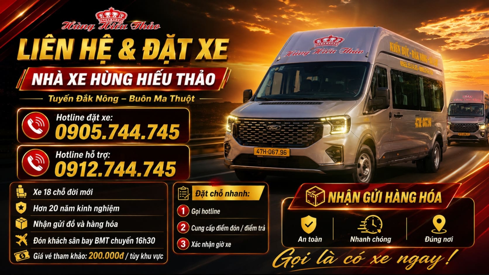 Đặt Nhà xe Hùng Hiếu Thảo hotline 0905 744 745 và 0912 744 745