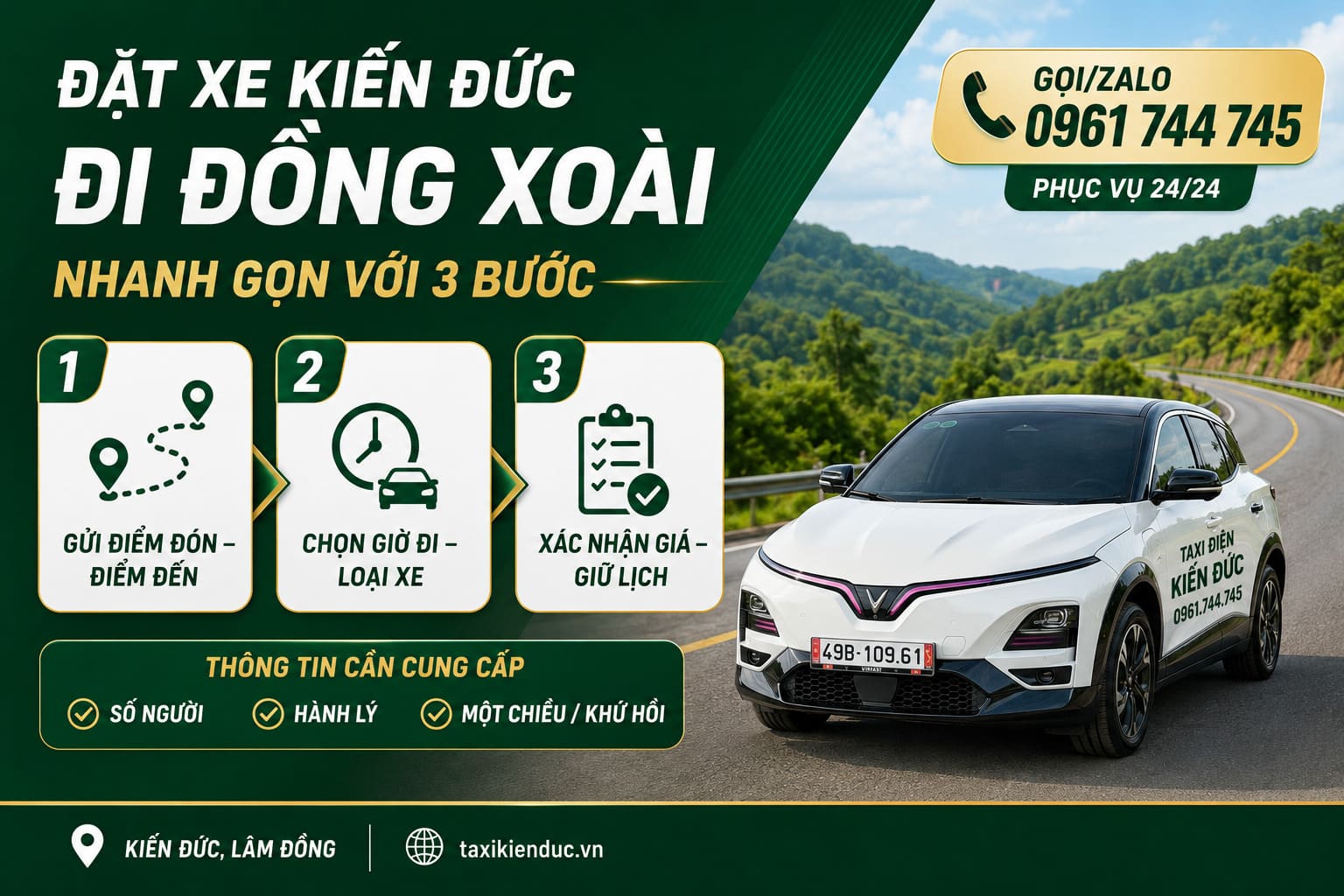 Đặt Taxi Kiến Đức đi Đồng Xoài qua số 0961 744 745