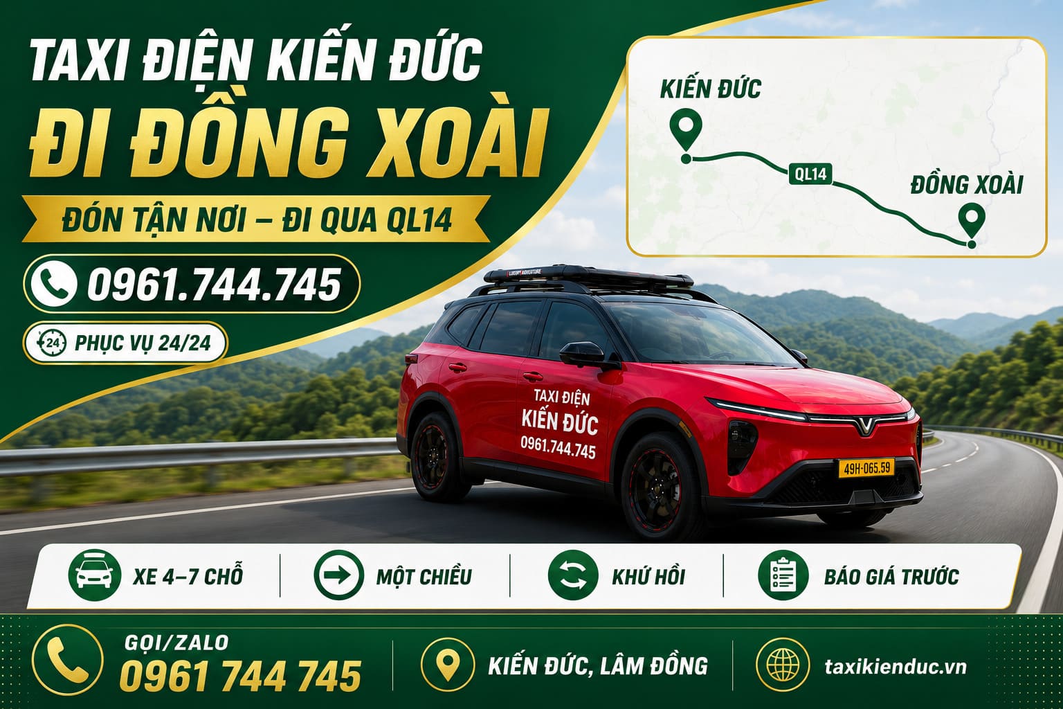 Xe Taxi Kiến Đức phục vụ tuyến Quốc lộ 14 đi Đồng Xoài