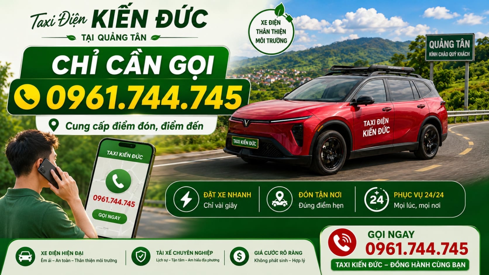 Đặt Taxi Điện Kiến Đức tại Quảng Tân bằng số 0961 744 745