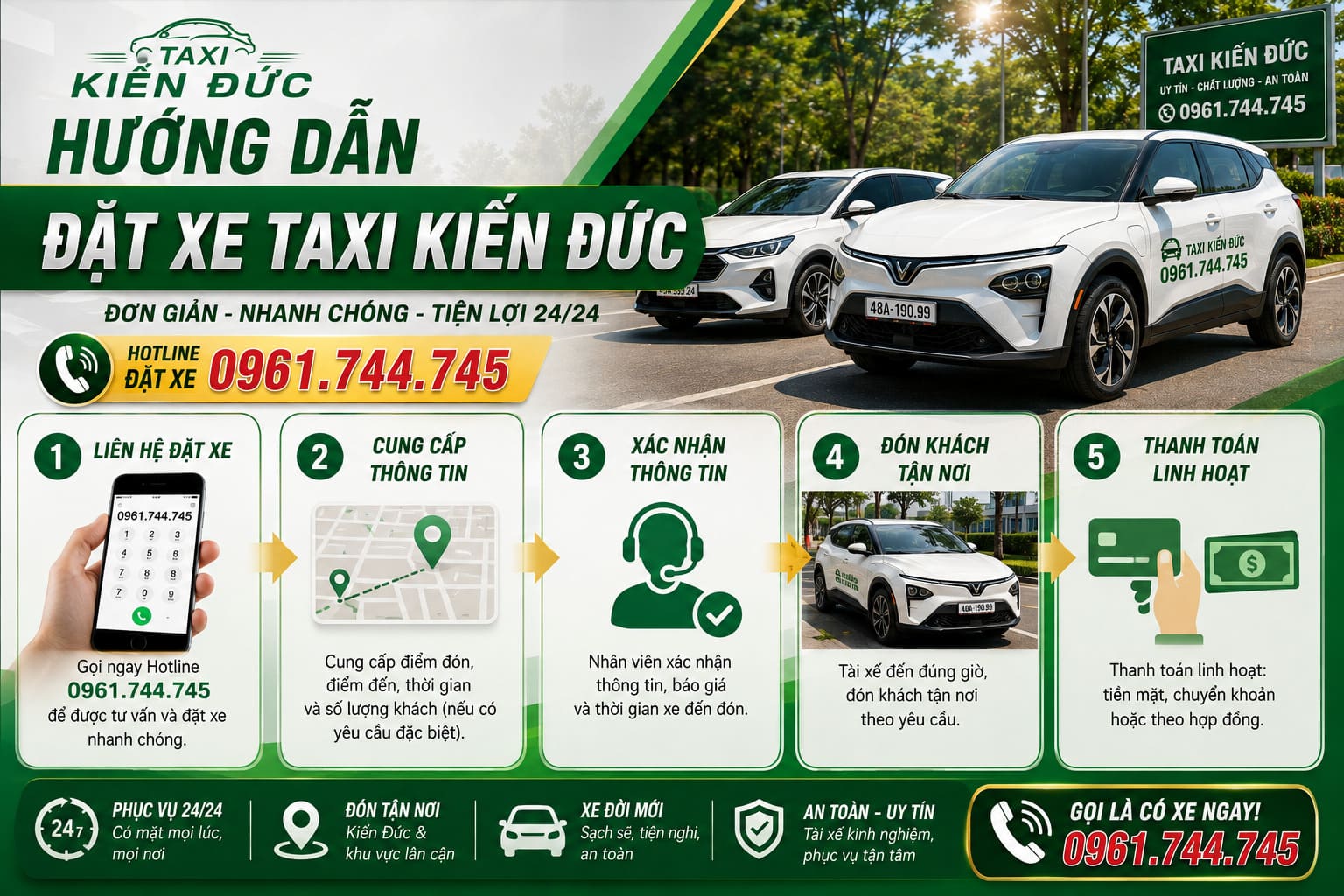 Hướng dẫn đặt xe Taxi Kiến Đức qua Hotline 0961 744 745