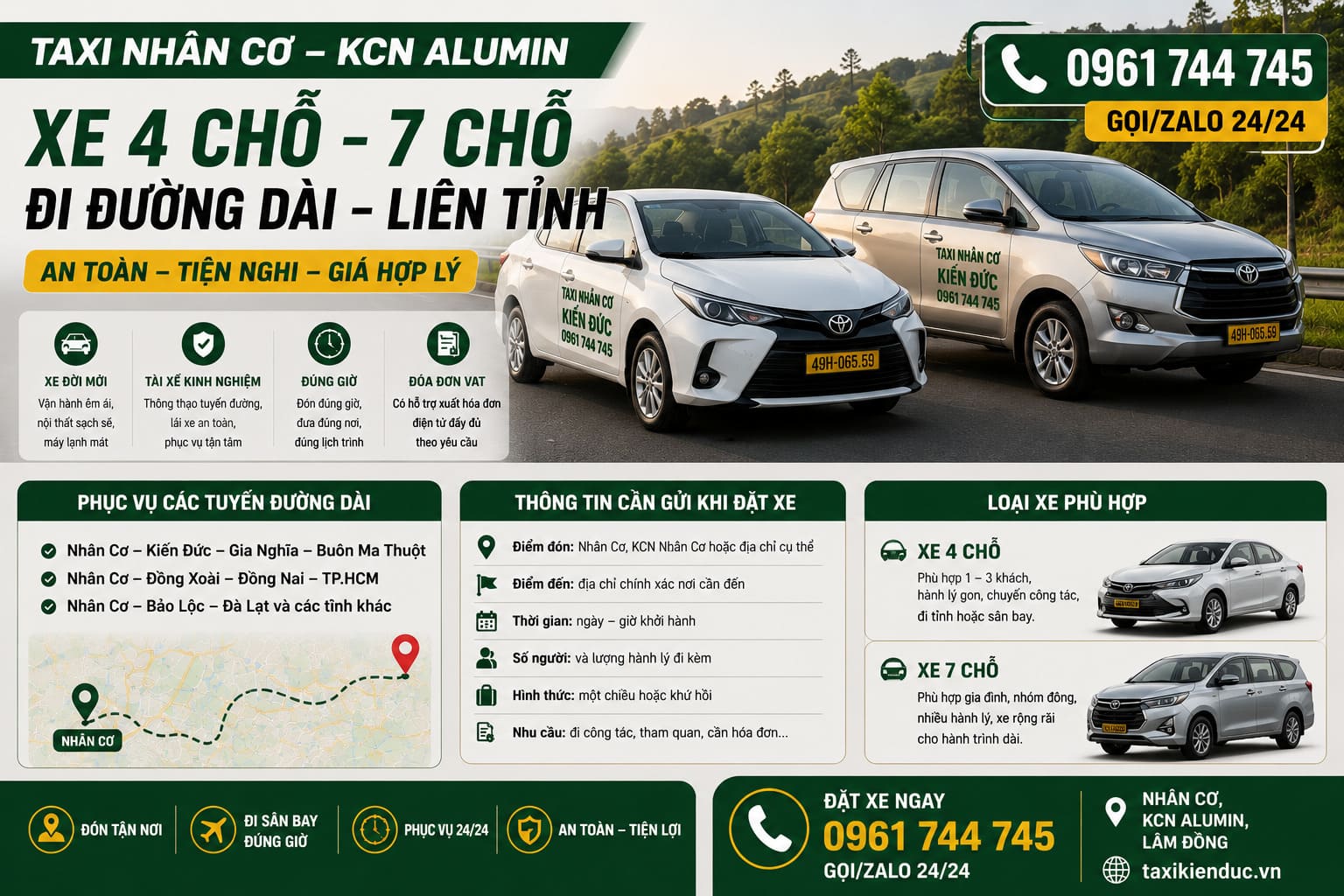 Taxi Nhân Cơ 4 chỗ 7 chỗ đường dài liên tỉnh Taxi Nhân Cơ xe 4 chỗ 7 chỗ đi đường dài